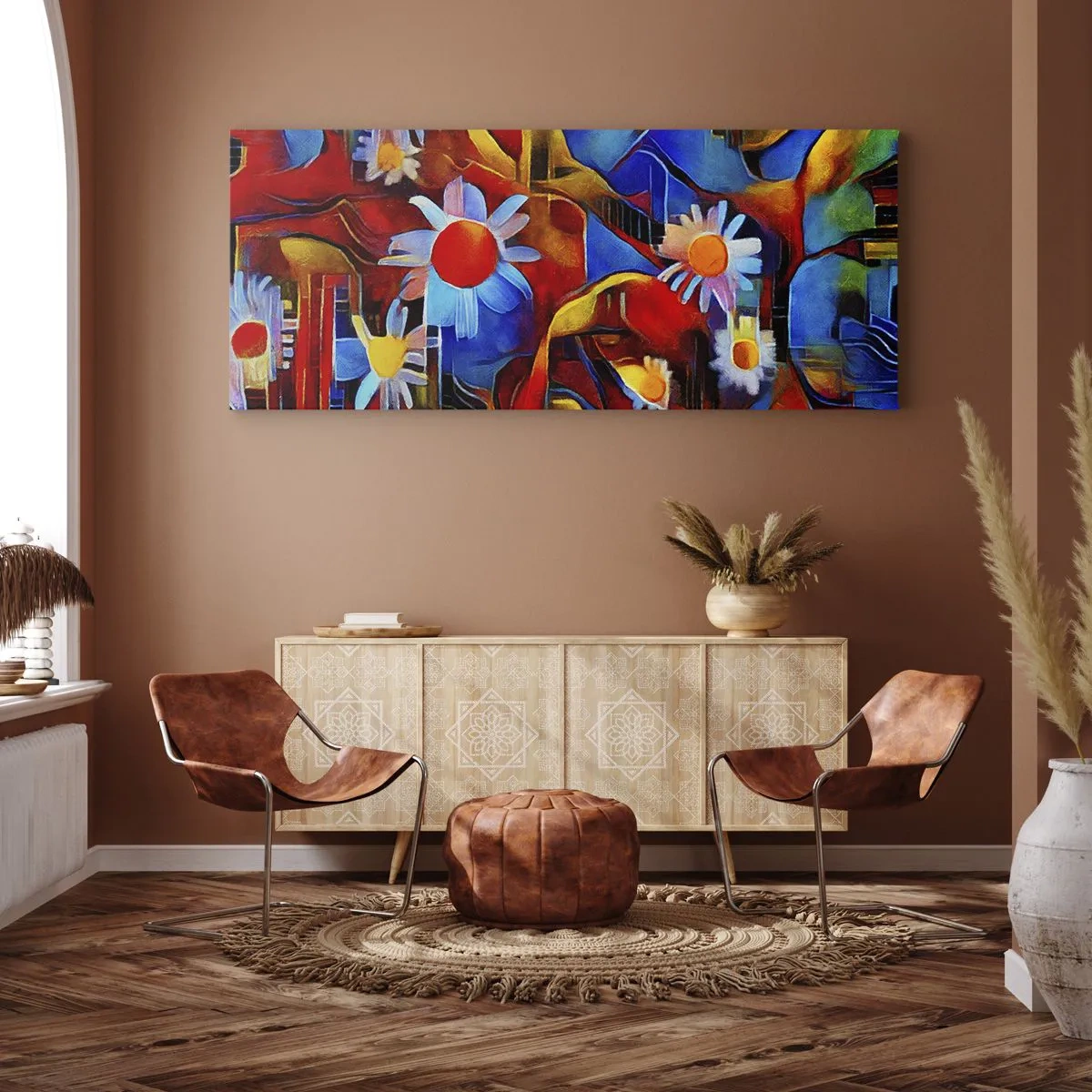 Bild auf Leinwand - Leinwandbild - Abstrakte Blumen vor einem Hintergrund aus geometrischen Mustern - 120x50cm - Die Farben des Lebens - Moderne Wanddekoration für Wohnzimmer und Schlafzimmer ARTTOR