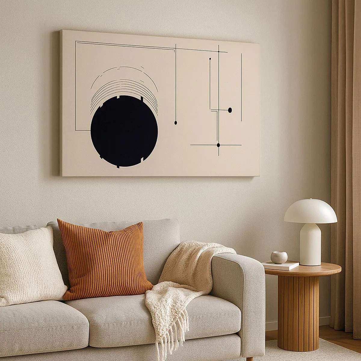 Bild auf Leinwand - Leinwandbild - Schwarze geometrische Linien und ein Kreis auf beigem Hintergrund - 70x50cm - Flexible und dynamische Komposition - Moderne Wanddekoration für Wohnzimmer und Schlafzimmer ARTTOR