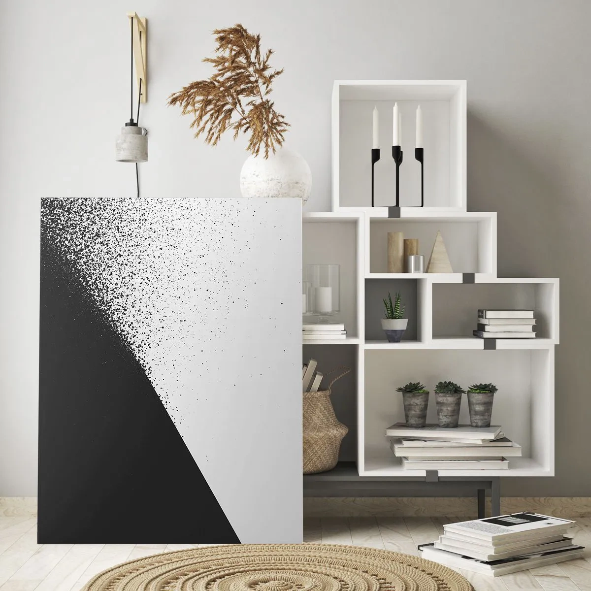 Glasbild - Bild auf glas - Eine minimalistische Komposition in Schwarz-Weiß mit Zerfallseffekt - 50x70cm - Immer schneller, immer mehr - Moderne Wanddekoration für Wohnzimmer und Schlafzimmer ARTTOR