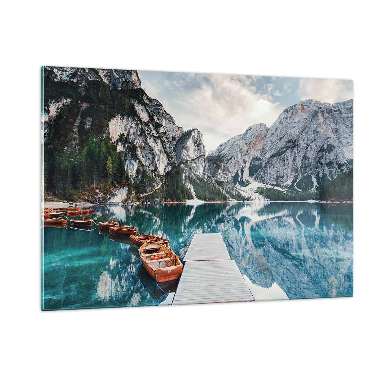Glasbild - Bild auf glas - Eine Holzbrücke über einen türkisfarbenen See in den Bergen - 120x80cm - Wir zeigen Ihnen Schönheit - Moderne Wanddekoration für Wohnzimmer und Schlafzimmer ARTTOR