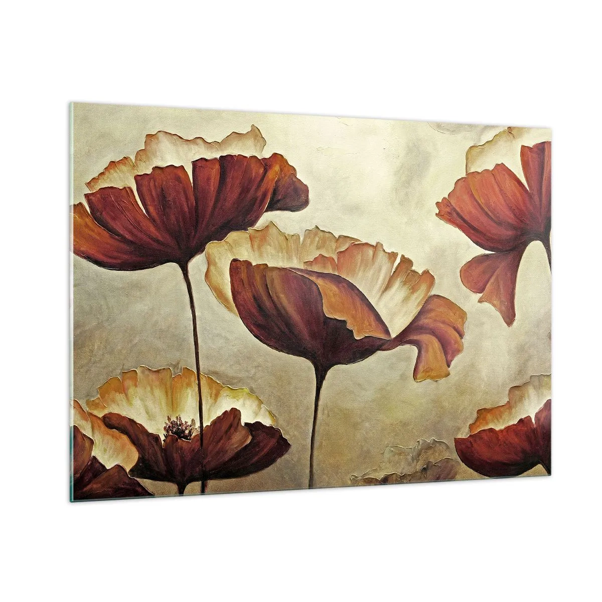 Glasbild - Bild auf glas - Mohnblumen in Rot- und Goldtönen auf hellem Hintergrund - 100x70cm - Weideland - Moderne Wanddekoration für Wohnzimmer und Schlafzimmer ARTTOR