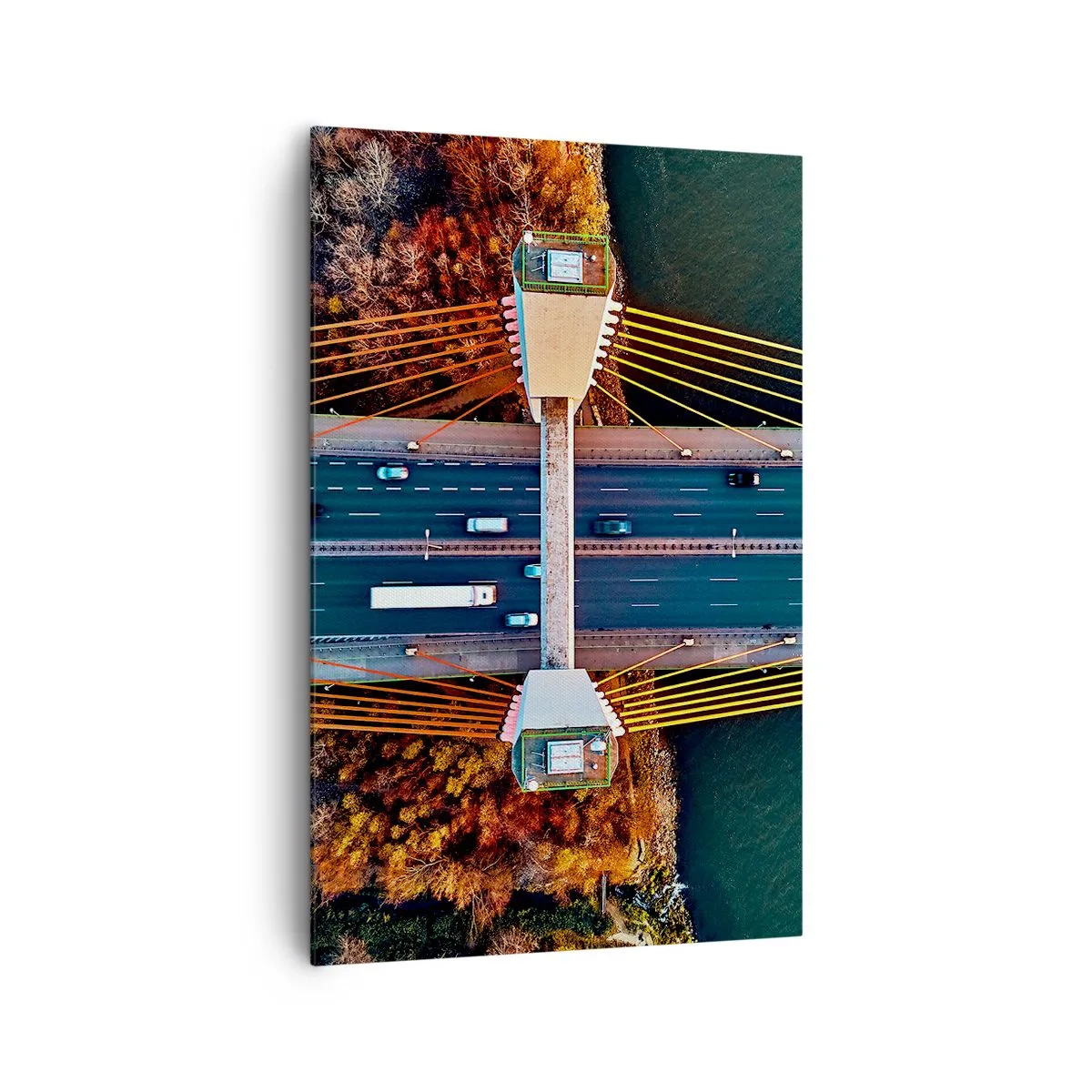 Bild auf Leinwand - Leinwandbild - Luftaufnahme der Brücke über den Fluss und der Herbstlandschaft - 80x120cm - Jenseits der Gewässer, jenseits der Wälder - Moderne Wanddekoration für Wohnzimmer und Schlafzimmer ARTTOR