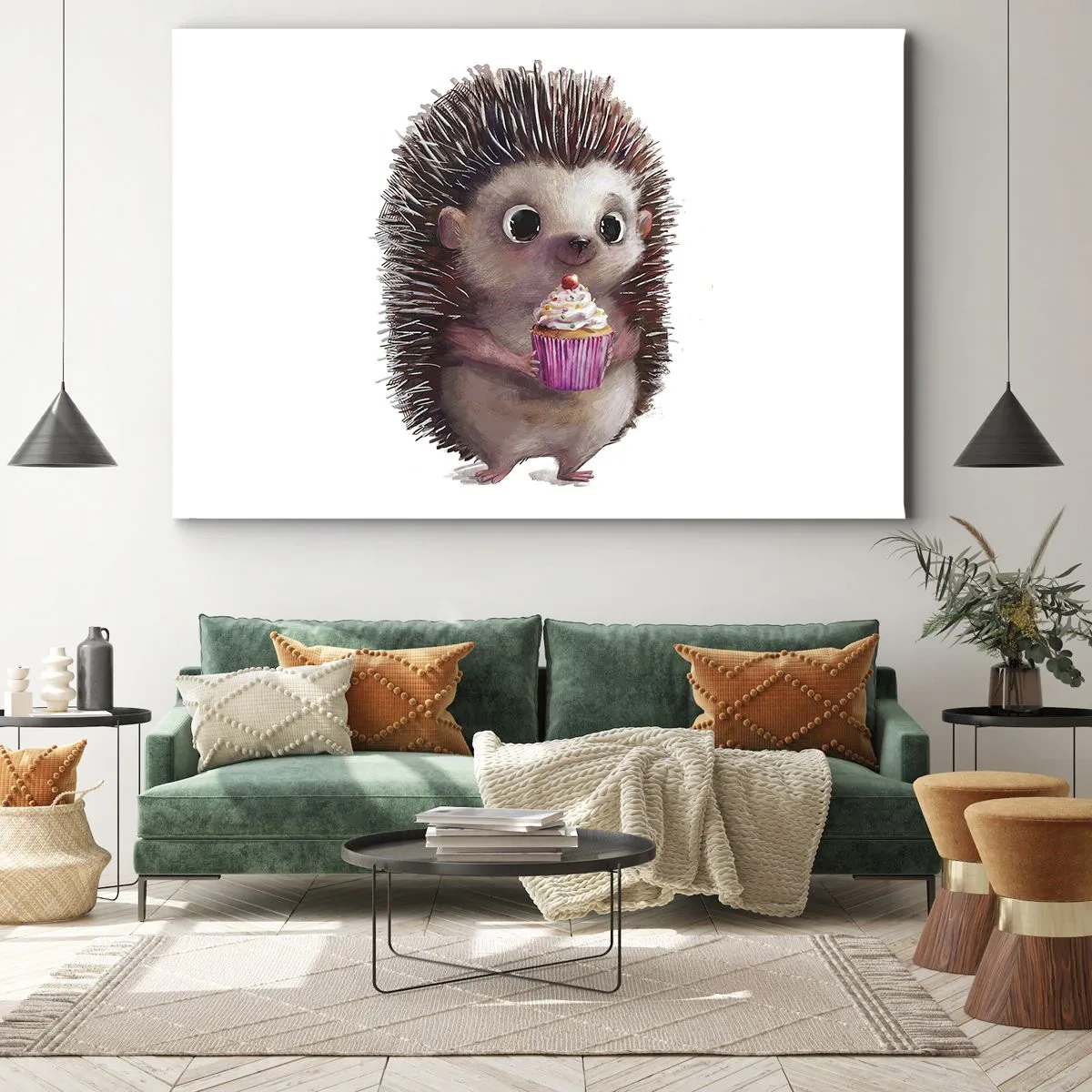 Bild auf Leinwand - Leinwandbild - Ein süßer Igel mit einem Cupcake - 120x80cm - Der Feiertag ist jeden Tag - Moderne Wanddekoration für Wohnzimmer und Schlafzimmer ARTTOR