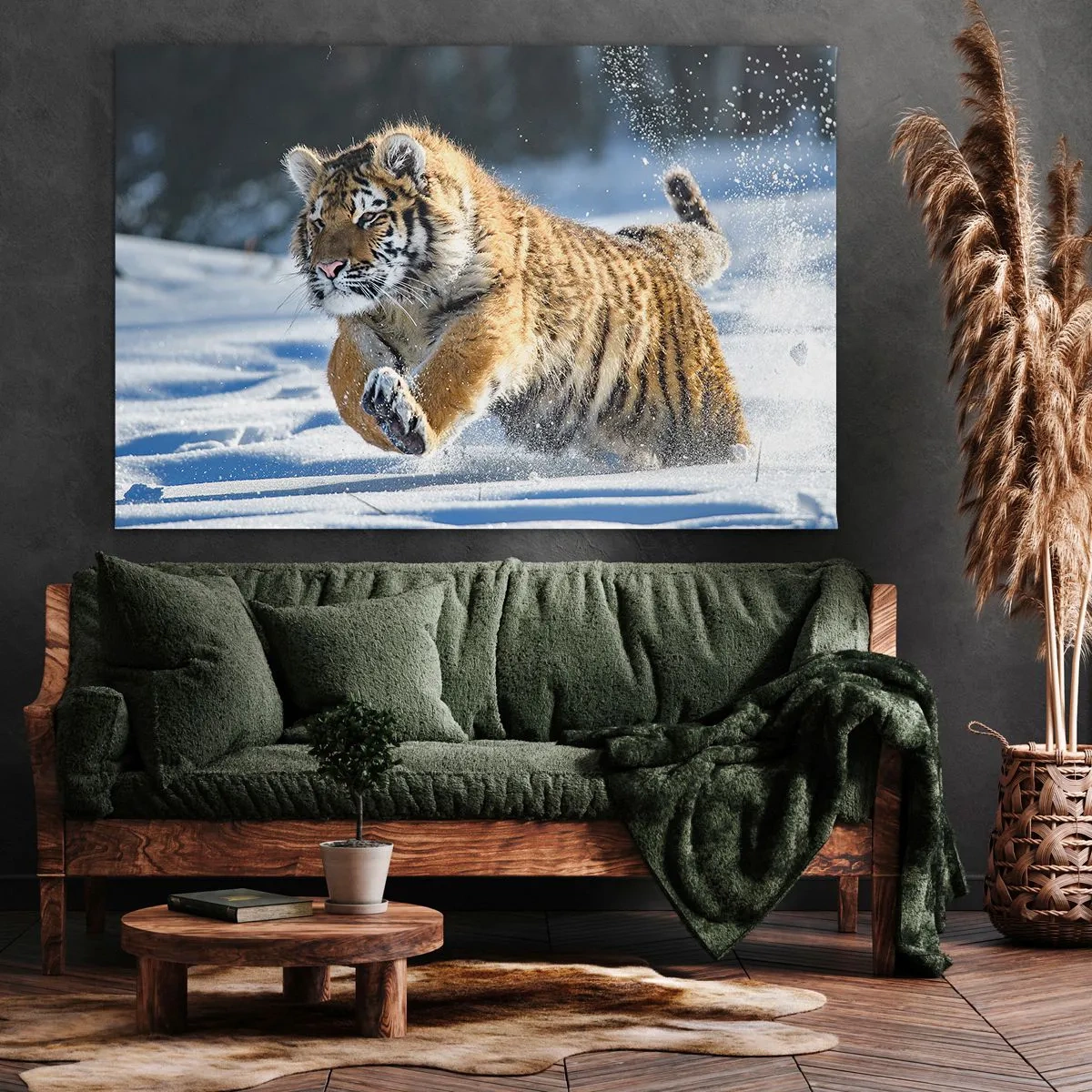 Bild auf Leinwand - Leinwandbild - Ein sibirischer Tiger läuft in einer verschneiten Landschaft - 70x50cm - Gott der sibirischen Taiga - Moderne Wanddekoration für Wohnzimmer und Schlafzimmer ARTTOR