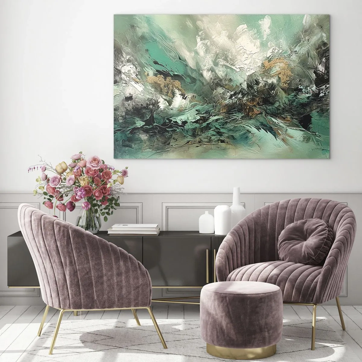 Glasbild - Bild auf glas - Eine abstrakte Komposition in Smaragd-, Schwarz- und Weißtönen. - 70x50cm - Smaragdgrüne und schwarze Brandung - Moderne Wanddekoration für Wohnzimmer und Schlafzimmer ARTTOR
