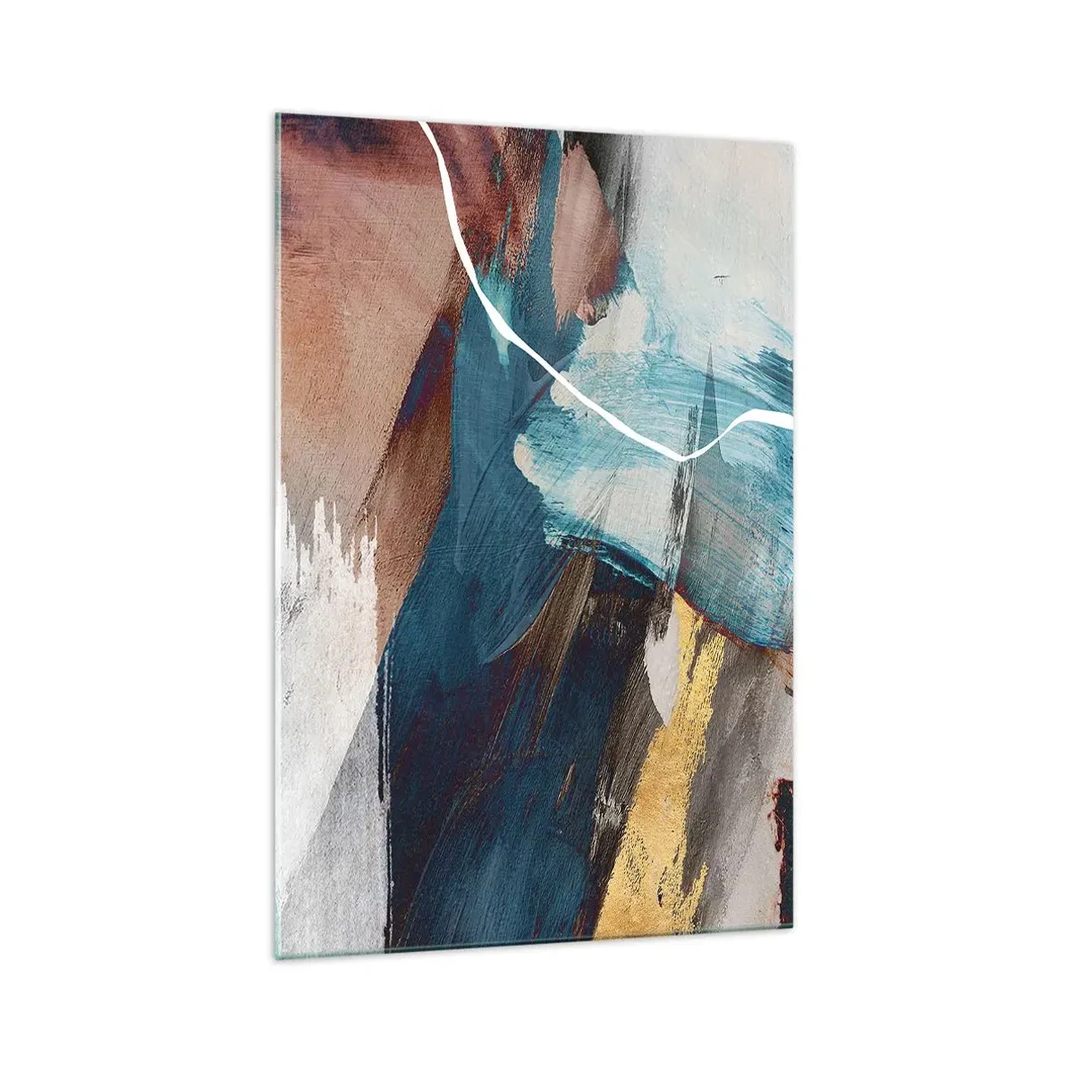 Glasbild - Bild auf glas - Abstrakte Pinselstriche in Blau- und Goldtönen - 70x100cm - Großzügig und mit Energie - Moderne Wanddekoration für Wohnzimmer und Schlafzimmer ARTTOR