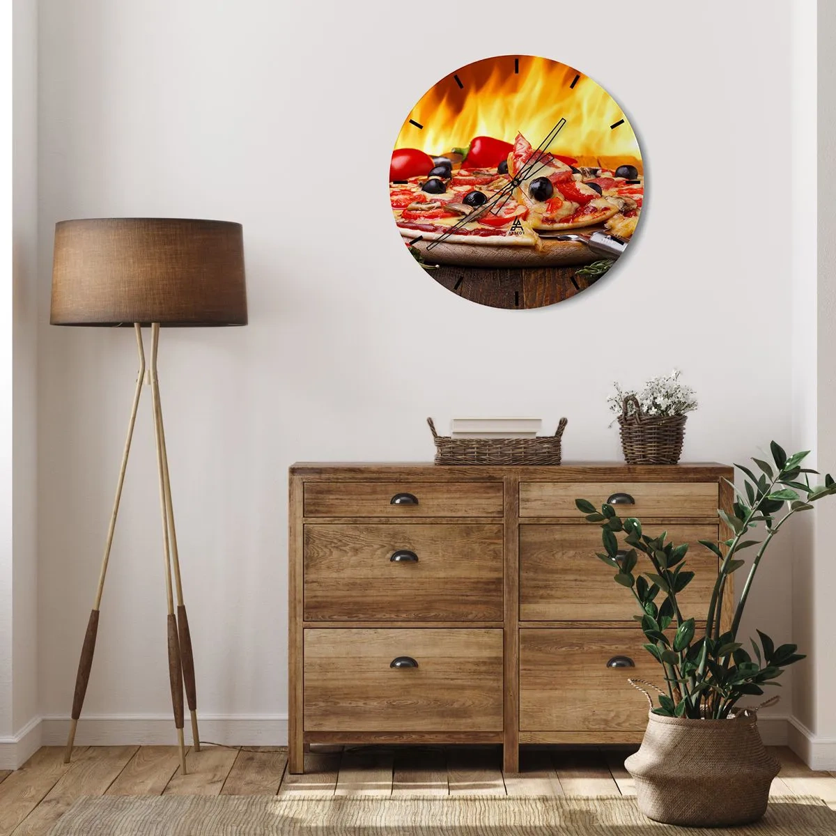 Wanduhr - Glasuhr - Pizza mit Oliven und Tomaten auf dem Feuer - 30x30cm - Aus Italien mit Liebe - Moderne Wanddekoration für Wohnzimmer, Küche und Schlafzimmer ARTTOR