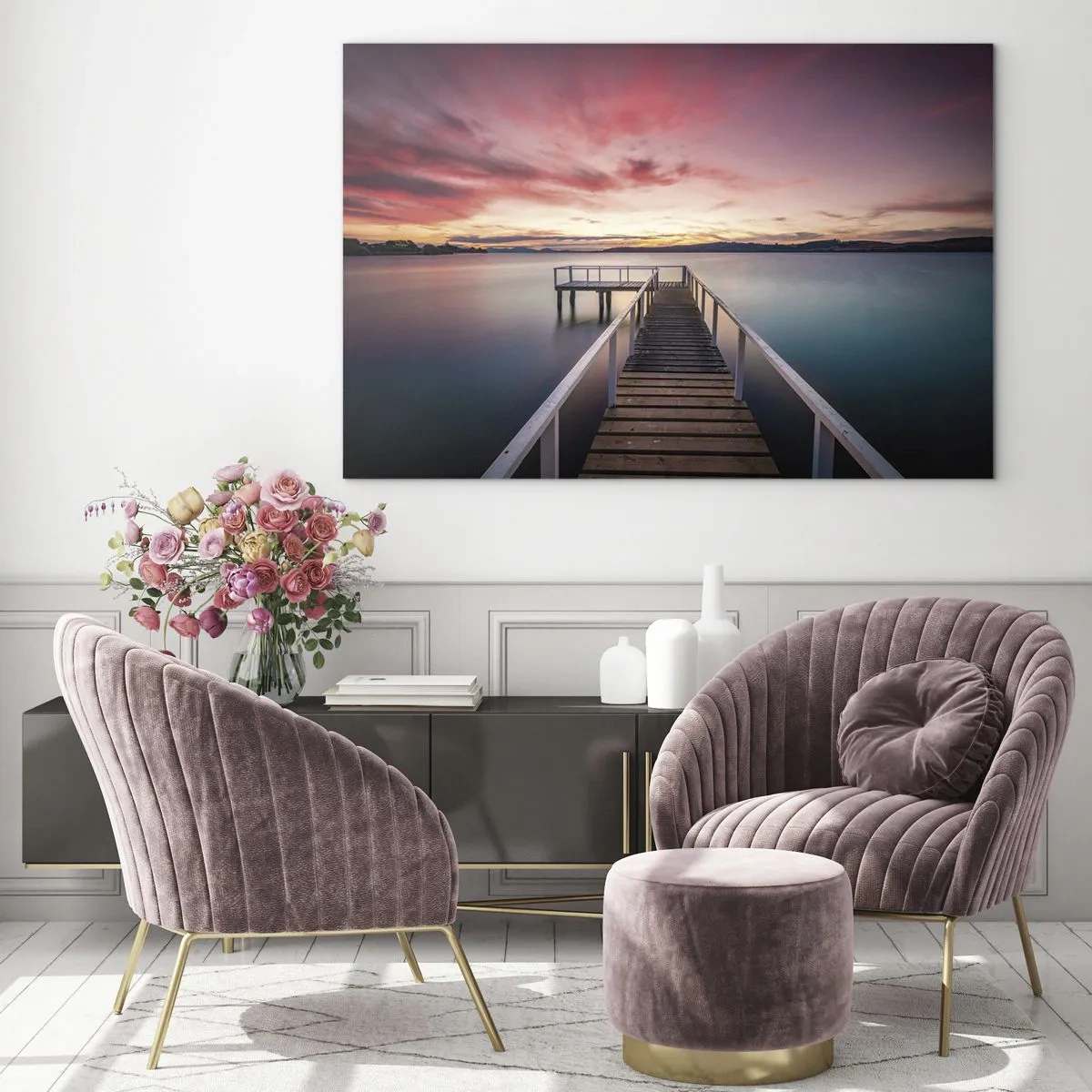 Glasbild - Bild auf glas - Lakeside Pier bei Sonnenuntergang mit einem rosa Himmel - 100x70cm - Die sanfte Flamme des Abends - Moderne Wanddekoration für Wohnzimmer und Schlafzimmer ARTTOR