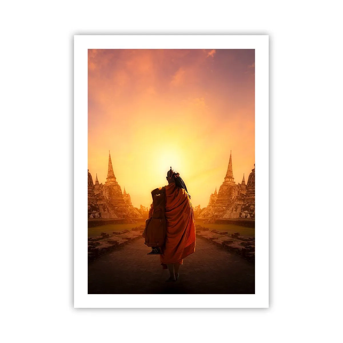 Poster - Ein buddhistischer Mönch in den Strahlen der aufgehenden Sonne - 50x70cm - In Frieden für die Ewigkeit - Moderne Wanddekoration für Wohnzimmer und Schlafzimmer ARTTOR