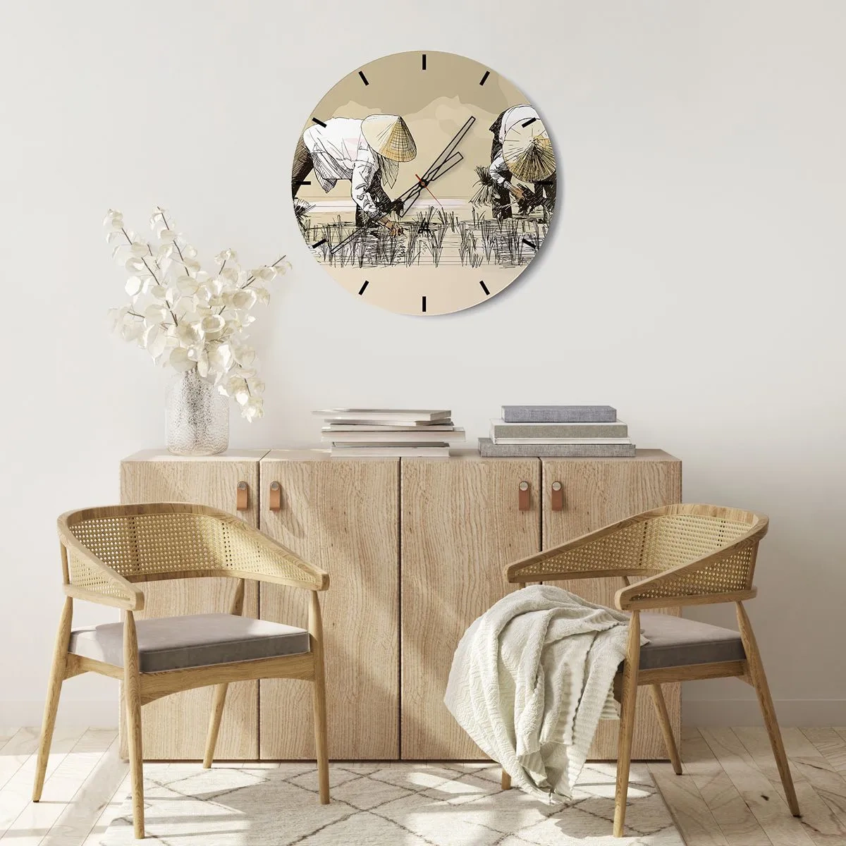 Wanduhr - Glasuhr - Ein Cartoon-Motiv von Bauern bei der Arbeit auf einem Reisfeld in Beigetönen. - 30x30cm - Erfolgreiche Ernte - Moderne Wanddekoration für Wohnzimmer, Küche und Schlafzimmer ARTTOR