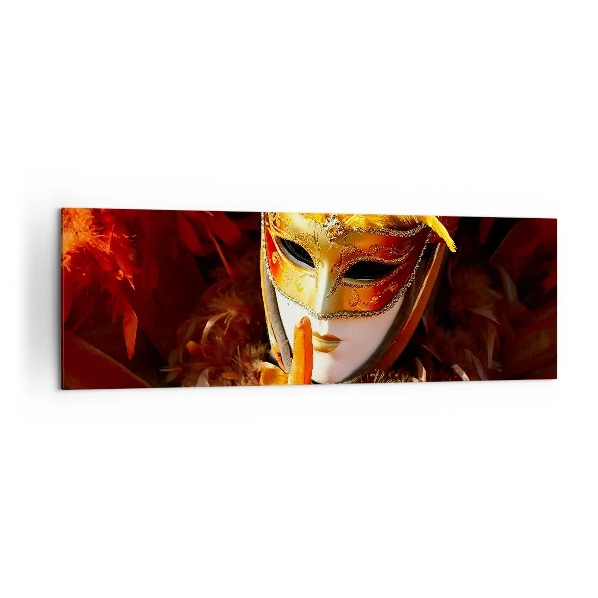 Bild auf Leinwand - Leinwandbild - Karnevalsmaske in Gold- und Orangetönen - 160x50cm - Geheimnis ist Teil des Spiels - Moderne Wanddekoration für Wohnzimmer und Schlafzimmer ARTTOR