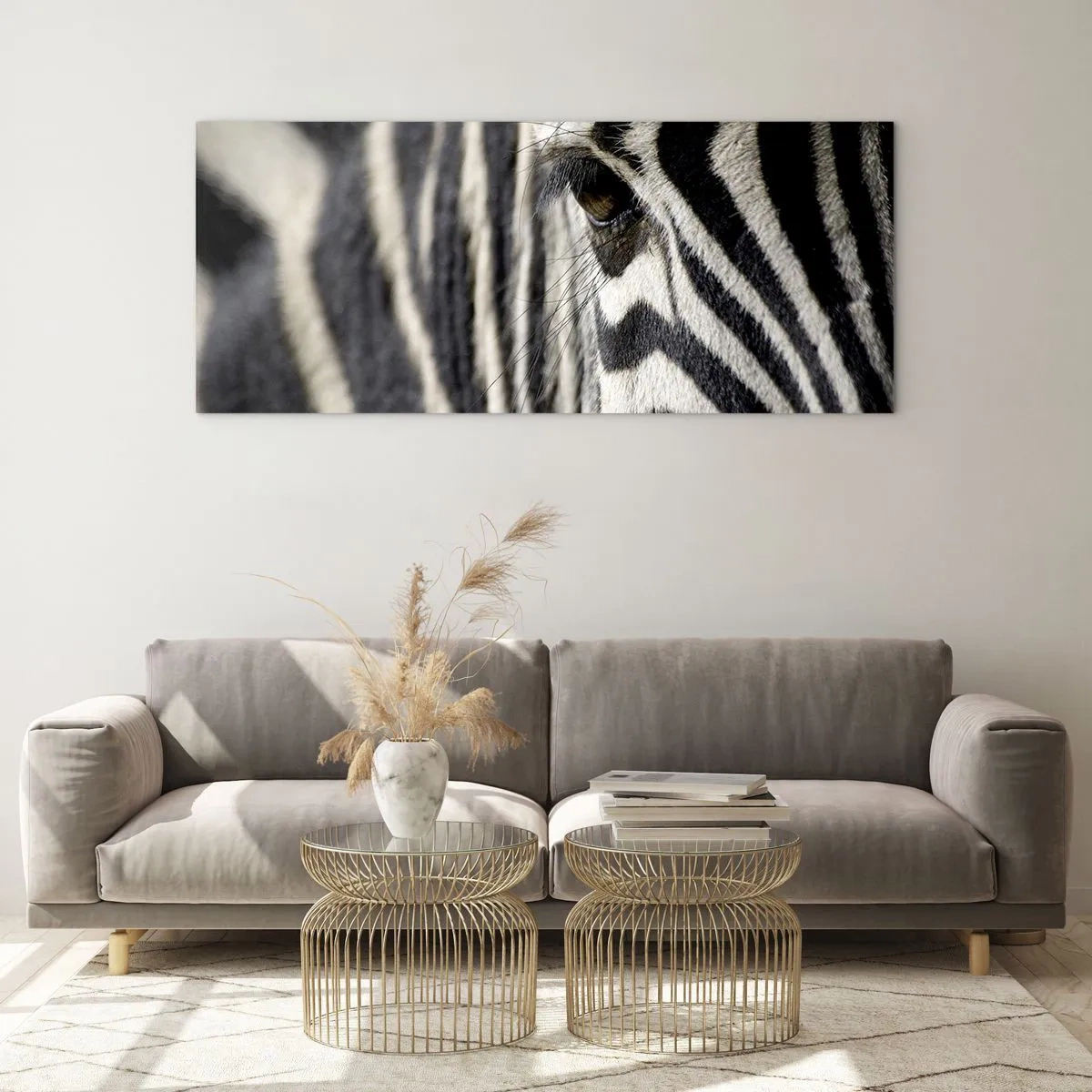 Glasbild - Bild auf glas - Nahaufnahme eines Zebraauges mit schwarzen und weißen Streifen - 120x50cm - Gestreiftes Porträt - Moderne Wanddekoration für Wohnzimmer und Schlafzimmer ARTTOR