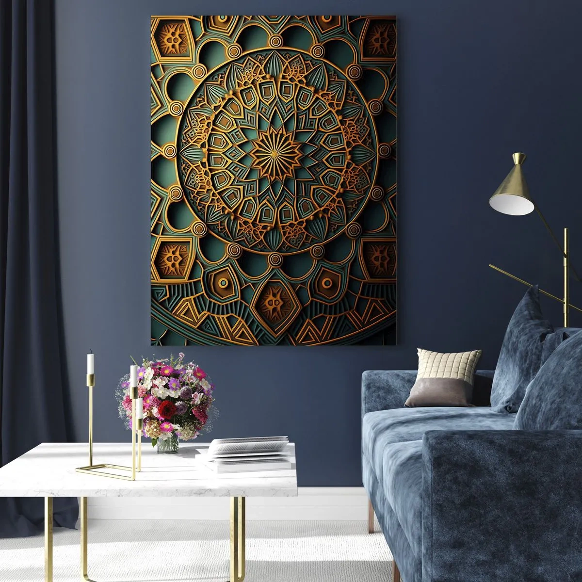 Glasbild - Bild auf glas - Ein goldenes Mandala auf türkisfarbenem Hintergrund mit vielen Details. - 70x100cm - In arabischer Atmosphäre - Moderne Wanddekoration für Wohnzimmer und Schlafzimmer ARTTOR