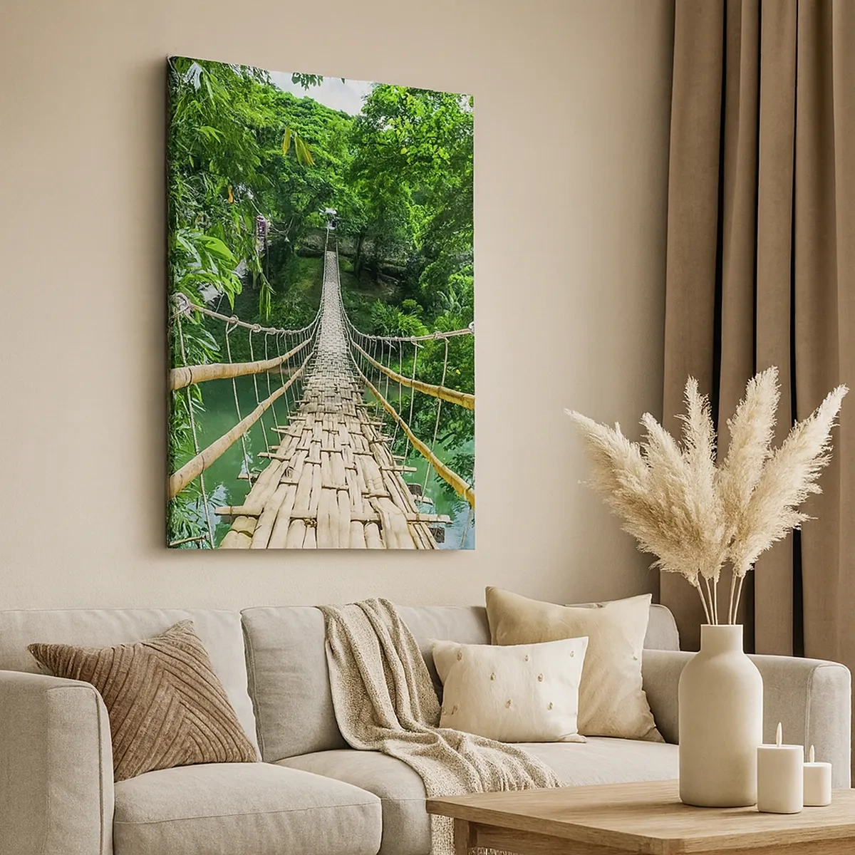 Bild auf Leinwand - Leinwandbild - Eine hängende Bambusbrücke, umgeben von Grün - 50x70cm - Monkey Bridge über das Grün - Moderne Wanddekoration für Wohnzimmer und Schlafzimmer ARTTOR