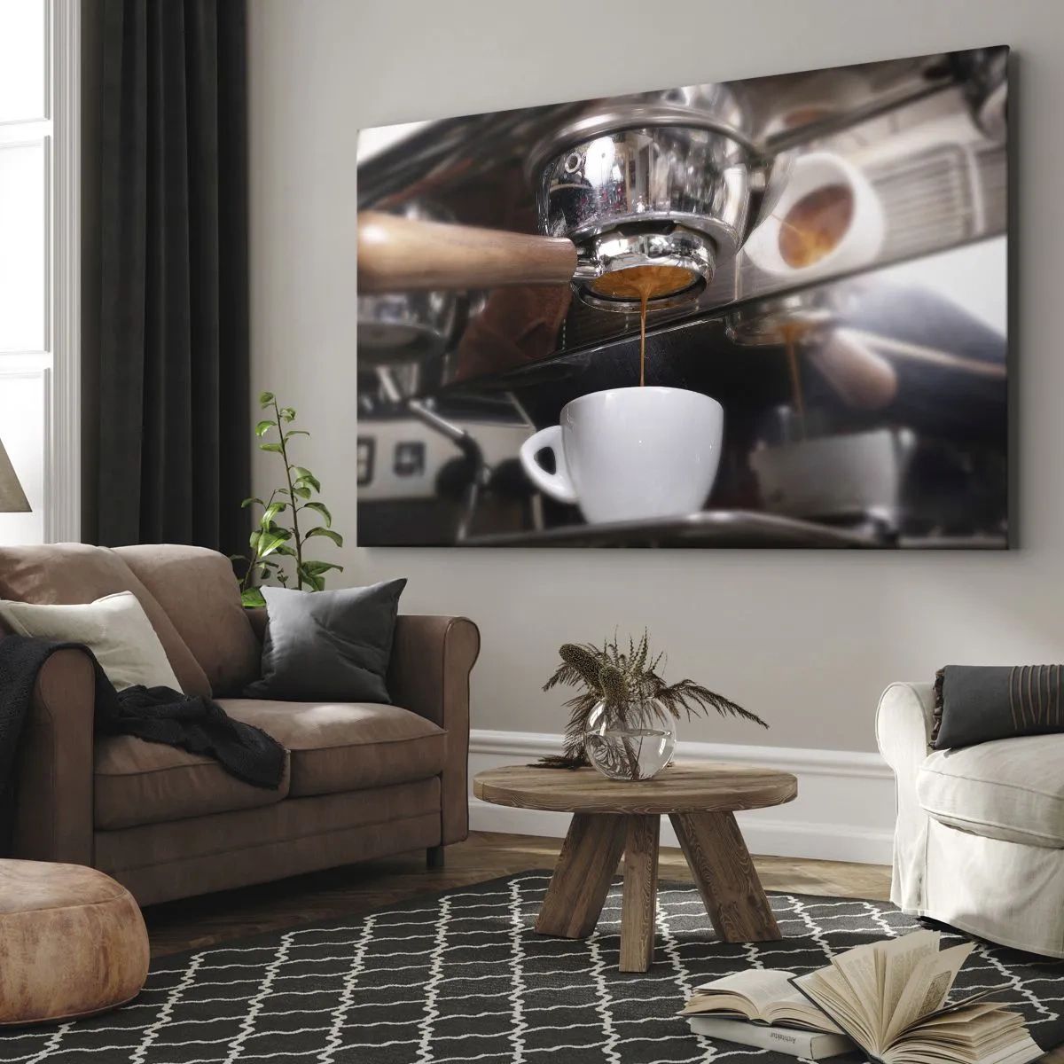 Bild auf Leinwand - Leinwandbild - Nahaufnahme einer Kaffeemaschine, die einen frischen Espresso zubereitet - 120x80cm - Gute Zeit des Tages - Moderne Wanddekoration für Wohnzimmer und Schlafzimmer ARTTOR