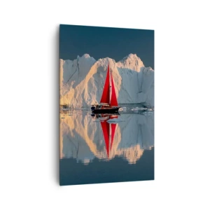 Bild auf Leinwand - Leinwandbild - Ein Segelboot mit rotem Segel vor der Kulisse eines Gletschers - 80x120cm - Am Rande der Welt - Moderne Wanddekoration für Wohnzimmer und Schlafzimmer ARTTOR