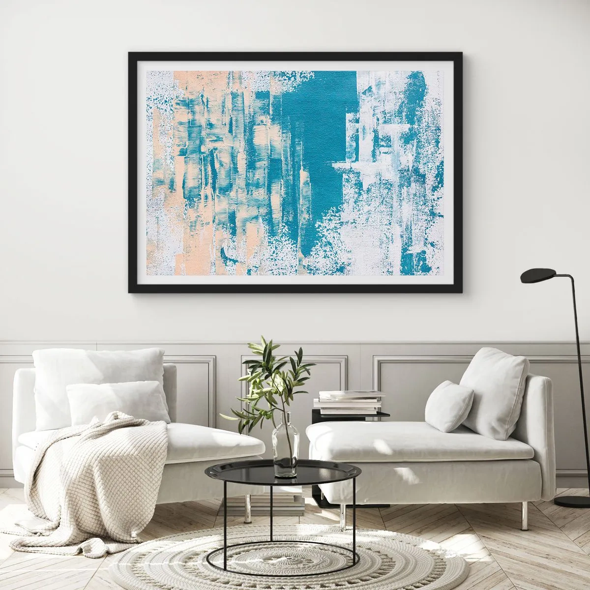 Poster in einem schwarzem Rahmen - Abstrakte Komposition in Blau- und Weißtönen - 70x50cm - Durch einen Eiszapfen - Moderne Wanddekoration für Wohnzimmer und Schlafzimmer ARTTOR