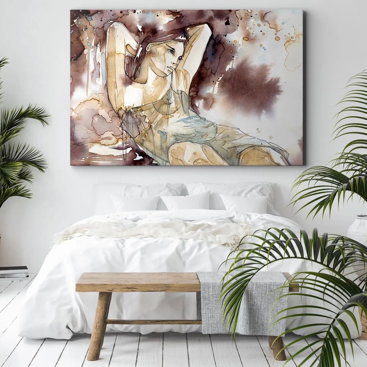 Bild auf Leinwand - Leinwandbild - Frau im künstlerischen Aquarellstil mit braunem Hintergrund - 70x50cm - In lila Stimmung - Moderne Wanddekoration für Wohnzimmer und Schlafzimmer ARTTOR