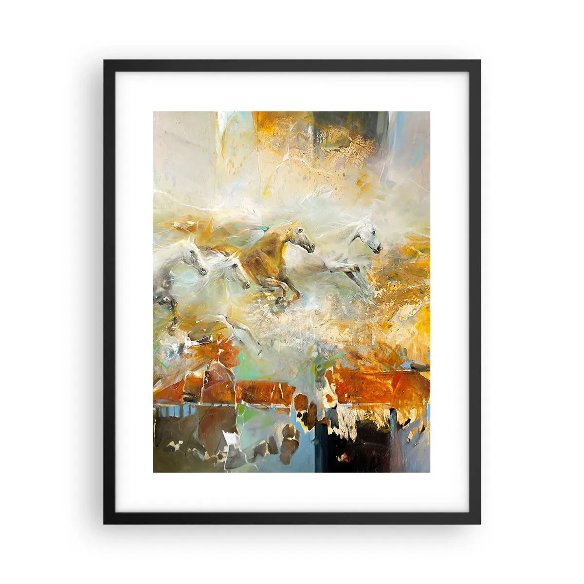 Poster in einem schwarzem Rahmen - Im Galopp durch das Licht - 40x50 cm
