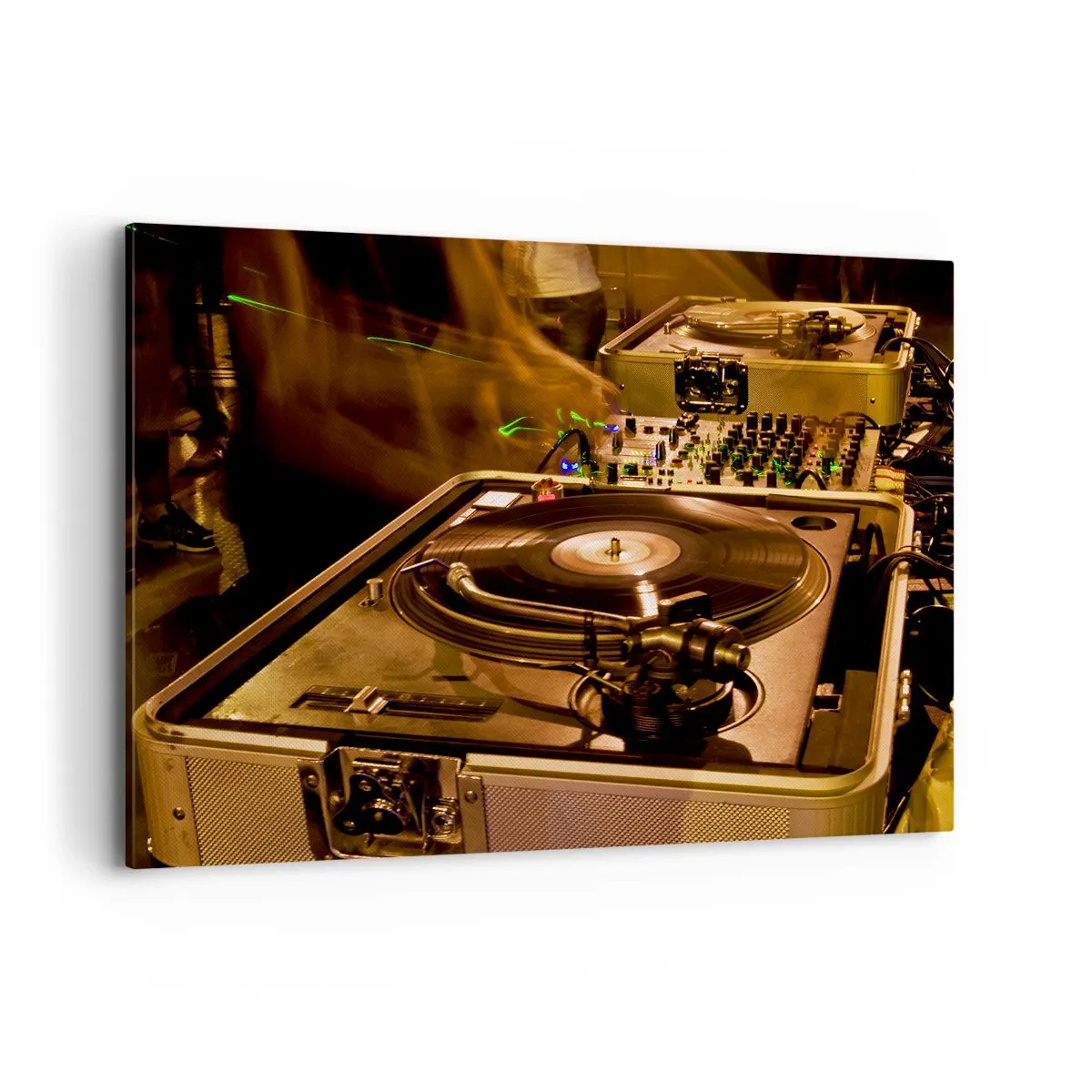 Bild auf Leinwand - Leinwandbild - DJ-Equipment mit Plattenspieler und Mixer während einer Party - 120x80cm - Kannst du die Kraft spüren? - Moderne Wanddekoration für Wohnzimmer und Schlafzimmer ARTTOR