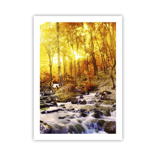 Poster - Herbstlicher Wald mit rauschendem Bach im Licht der untergehenden Sonne - 50x70cm - In Gold und Platin gefasste Steine - Moderne Wanddekoration für Wohnzimmer und Schlafzimmer ARTTOR