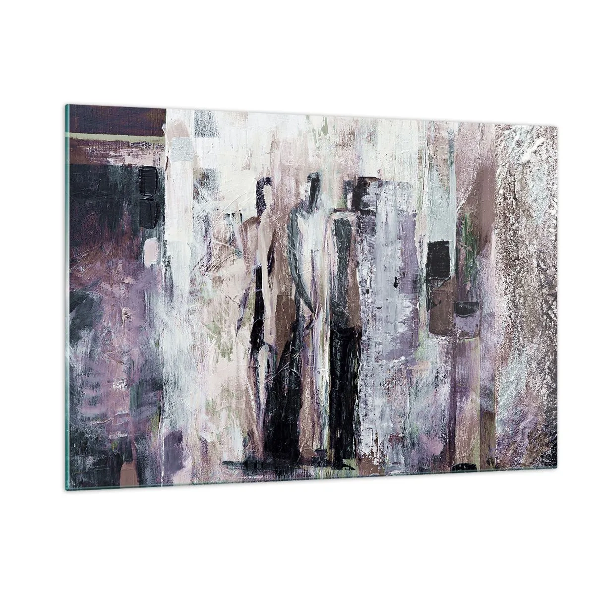 Glasbild - Bild auf glas - Abstrakte Silhouetten von Figuren vor einem strukturierten Farbhintergrund - 120x80cm - Die geheimnisvolle Drei - Moderne Wanddekoration für Wohnzimmer und Schlafzimmer ARTTOR