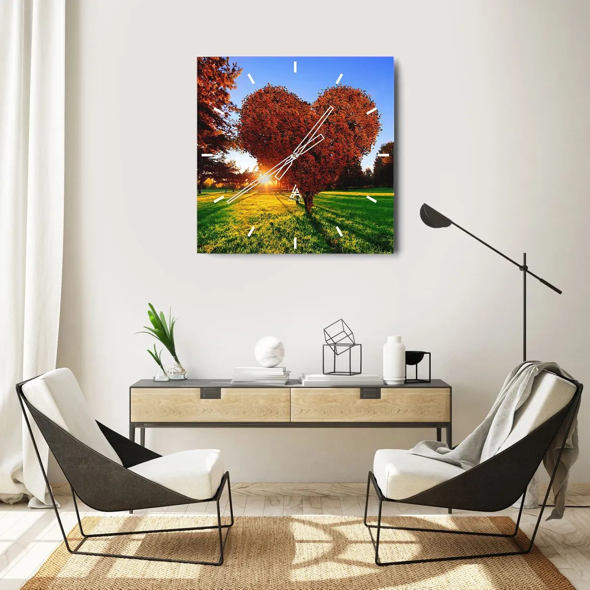 Wanduhr - Glasuhr - Ein herzförmiger Baum in einer Herbstlandschaft - 30x30cm - Und wie man den Herbst nicht liebt - Moderne Wanddekoration für Wohnzimmer und Schlafzimmer ARTTOR