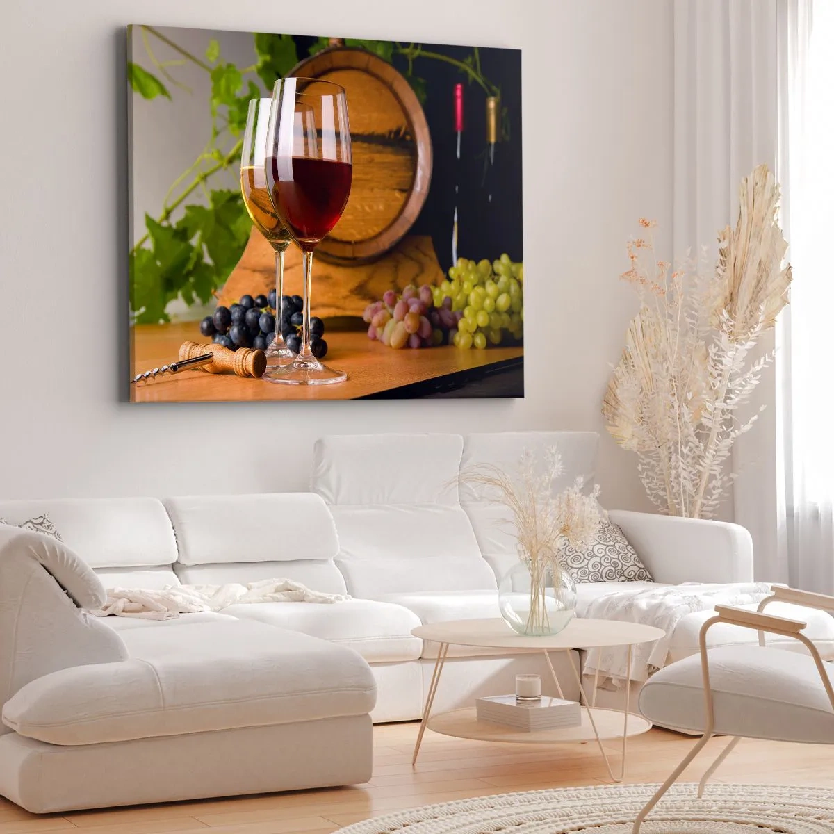Bild auf Leinwand - Leinwandbild - Gläser Wein mit Trauben, ein Fass und Flaschen auf einem Holztisch - 100x70cm - Wie die alten Meister - Moderne Wanddekoration für Wohnzimmer und Schlafzimmer ARTTOR