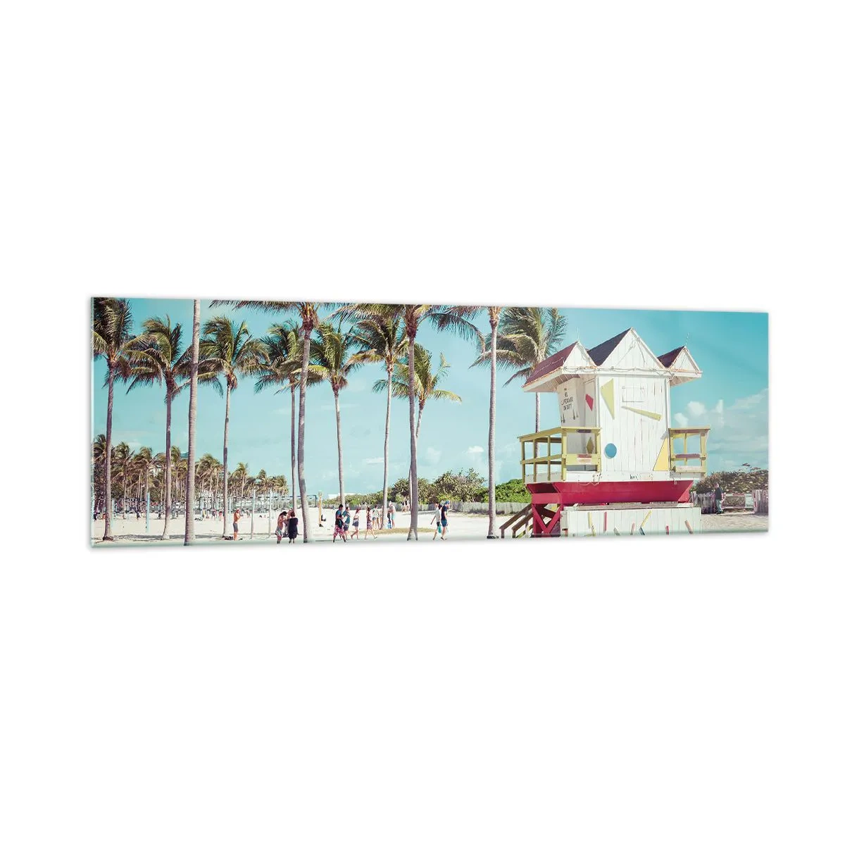 Glasbild - Bild auf glas - Ein Strand mit Palmen und einem Rettungsschwimmerturm im Hintergrund - 160x50cm - Dir steht ein schöner Tag bevor - Moderne Wanddekoration für Wohnzimmer und Schlafzimmer ARTTOR