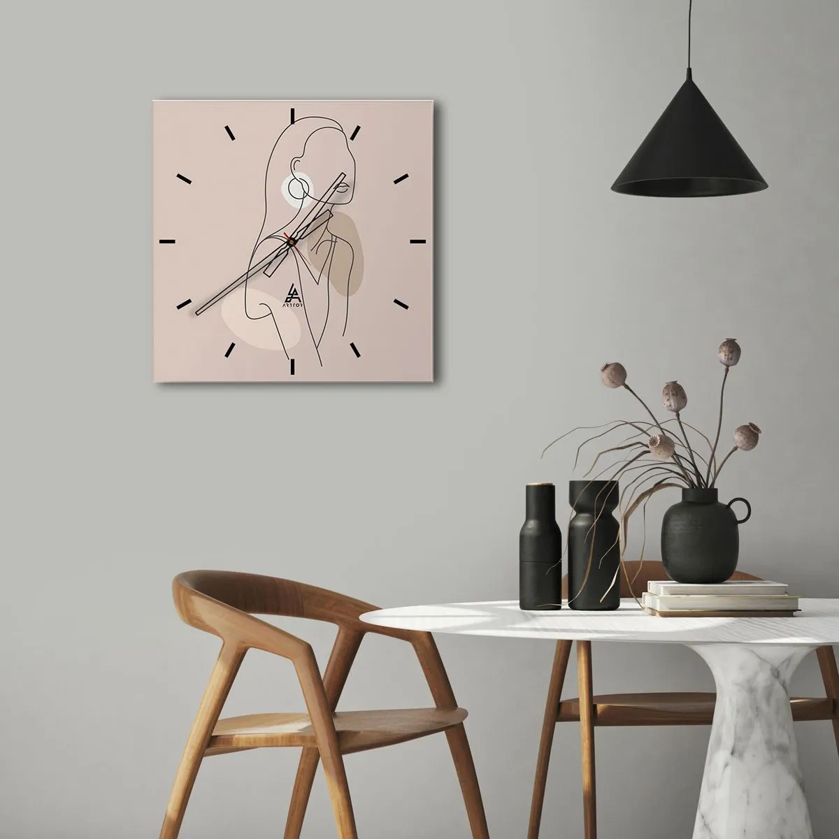Wanduhr - Glasuhr - Minimalistische Illustration einer Frau mit Umrissen auf beigem Hintergrund - 30x30cm - Mädchenhafte Ikone - Moderne Wanddekoration für Wohnzimmer und Schlafzimmer ARTTOR