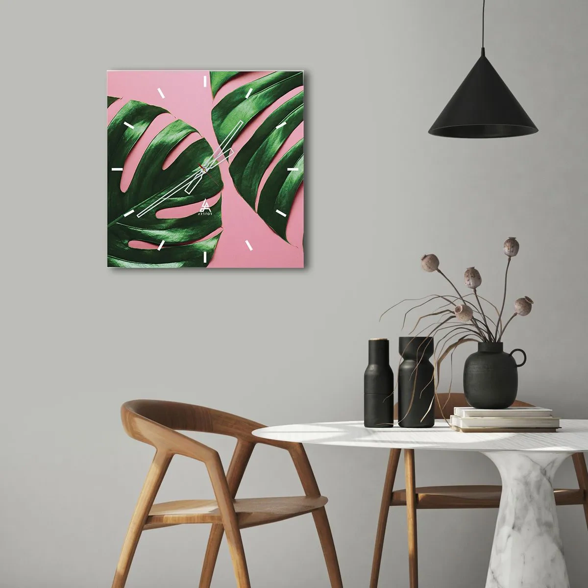 Wanduhr - Glasuhr - Grüne Monstera-Blätter auf rosa Hintergrund - 30x30cm - Rendezvous im Grünen - Moderne Wanddekoration für Wohnzimmer und Schlafzimmer ARTTOR