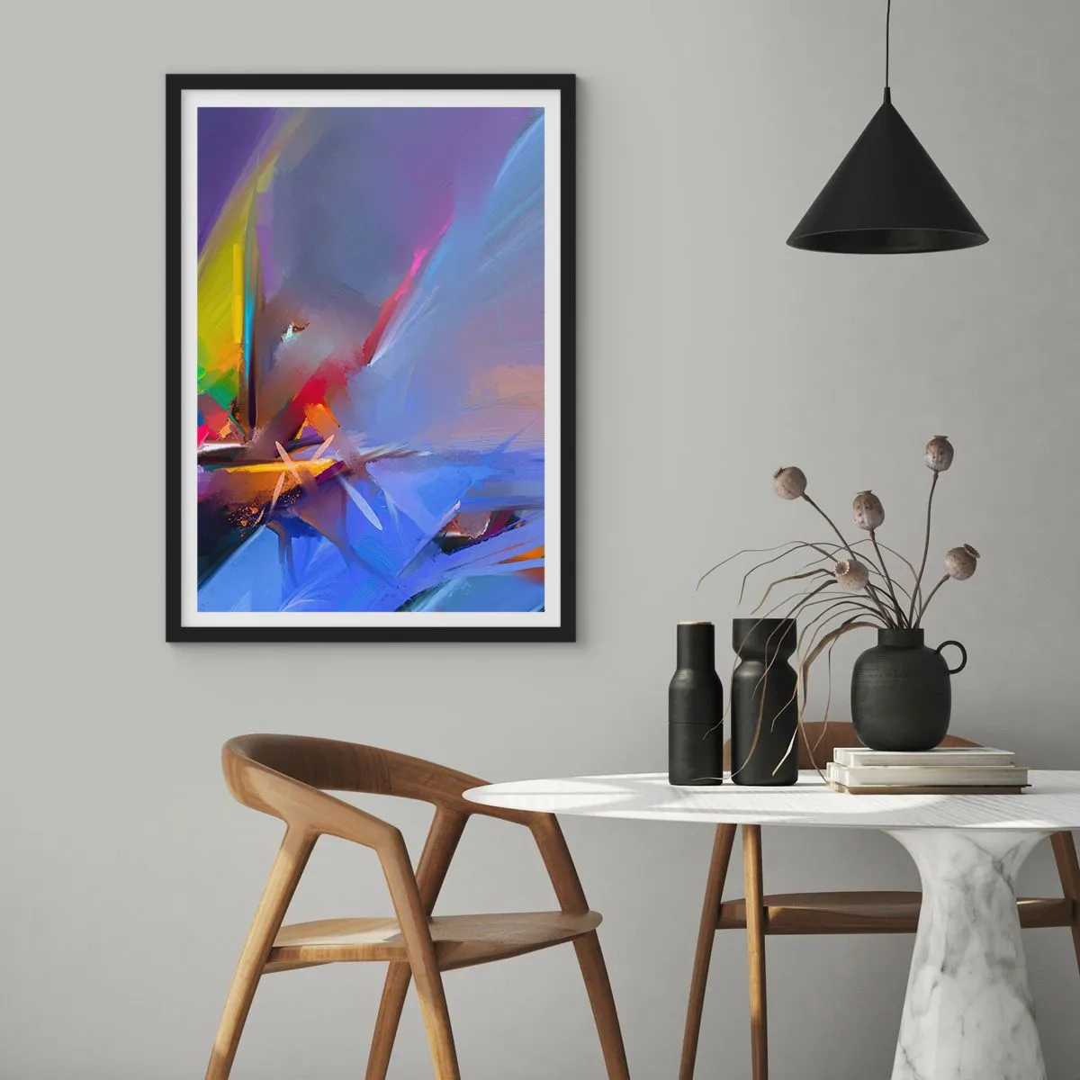 Poster in einem schwarzem Rahmen - Ein abstraktes Farbspiel in einer dynamischen Komposition - 50x70cm - Propeller wie ein Vogel - Moderne Wanddekoration für Wohnzimmer und Schlafzimmer ARTTOR