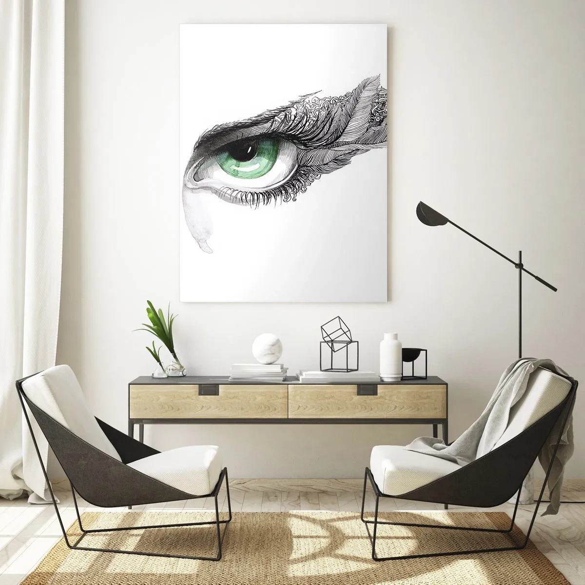 Glasbild - Bild auf glas - Grünes Auge mit Federdetails und abstrakten Mustern - 50x70cm - Schön und bereit zum Angriff - Moderne Wanddekoration für Wohnzimmer und Schlafzimmer ARTTOR