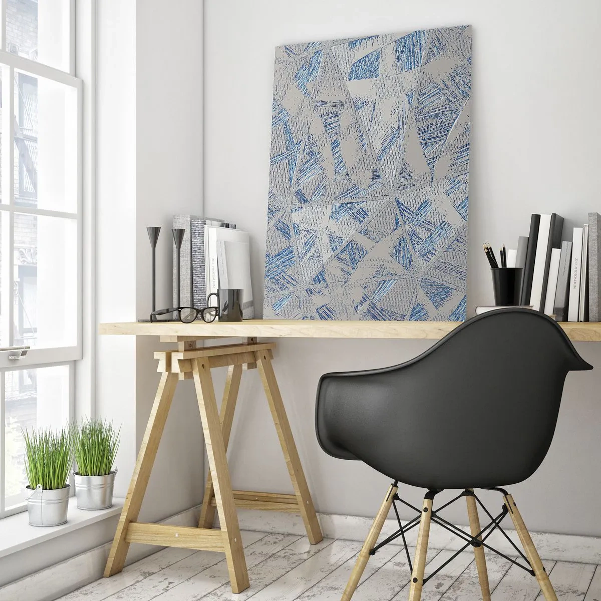 Glasbild - Bild auf glas - Geometrische Muster in Grau- und Blautönen - 50x70cm - In einem blaugrauen Labyrinth - Moderne Wanddekoration für Wohnzimmer und Schlafzimmer ARTTOR