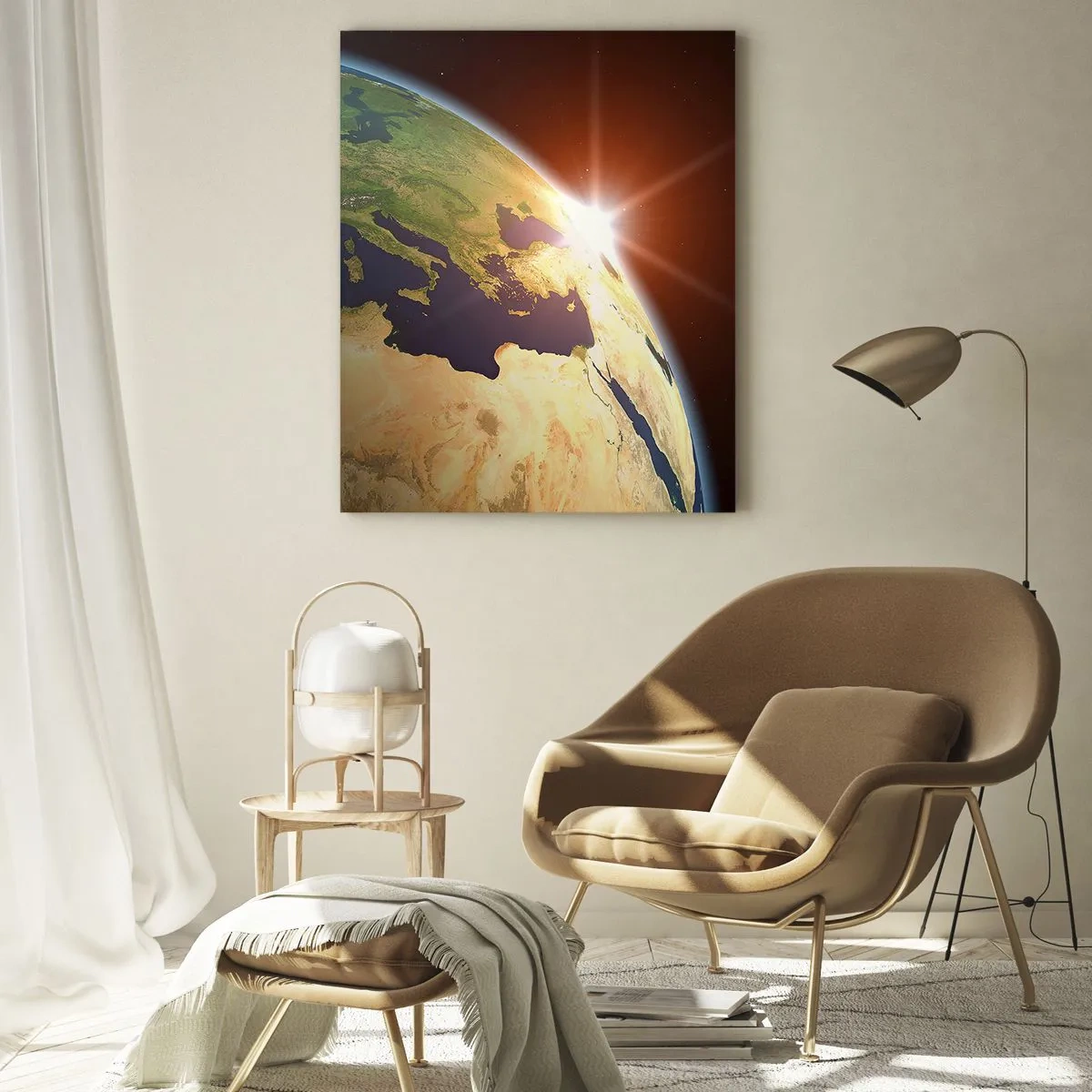 Glasbild - Bild auf glas - Blick auf die Erde aus dem Weltraum mit Sonnenstrahlen am Horizont - 70x100cm - Sonnenaufgang - Moderne Wanddekoration für Wohnzimmer und Schlafzimmer ARTTOR