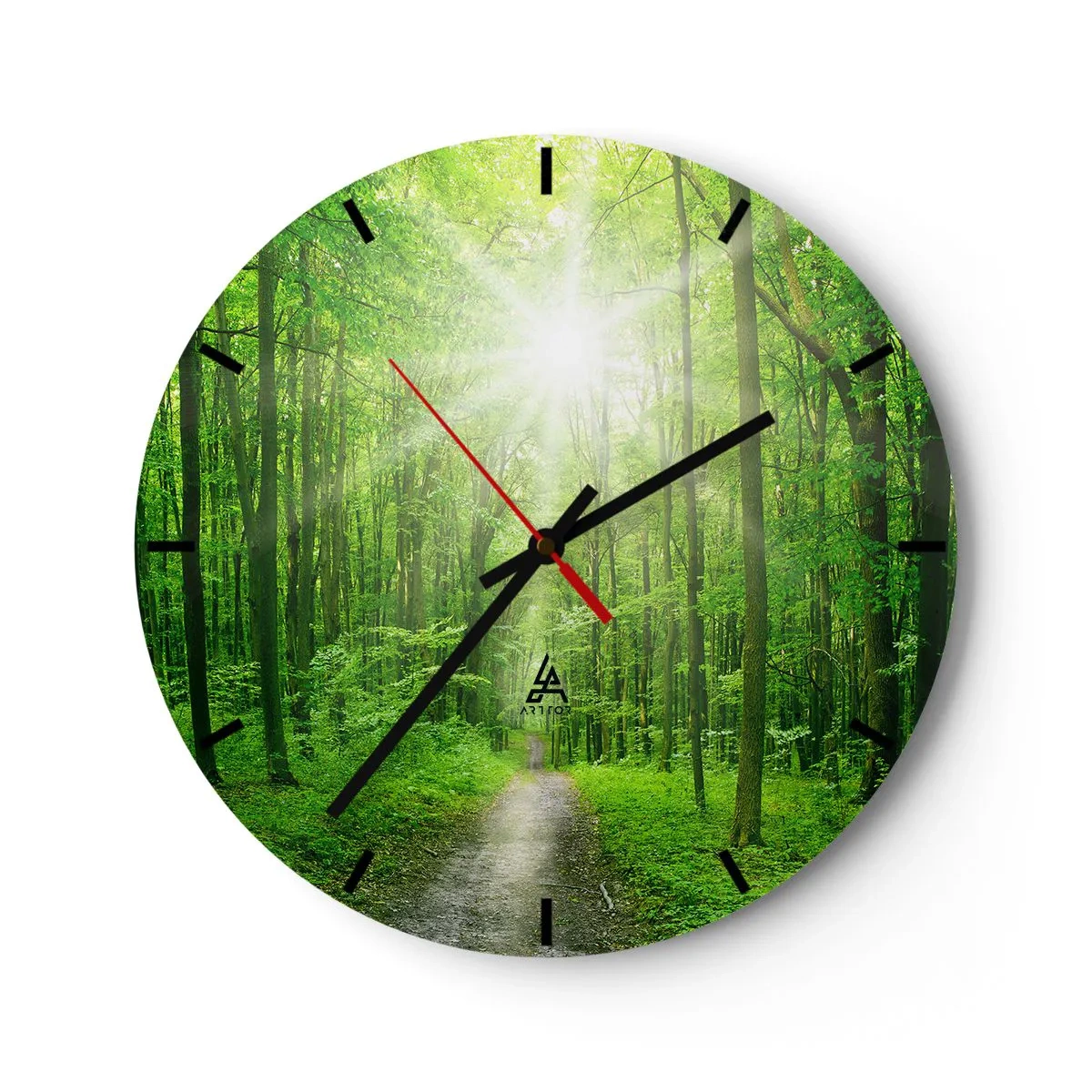 Wanduhr - Glasuhr - Ein Waldweg, beleuchtet von den Sonnenstrahlen - 30x30cm - Die grüne Kathedrale - Moderne Wanddekoration für Wohnzimmer, Küche und Schlafzimmer ARTTOR