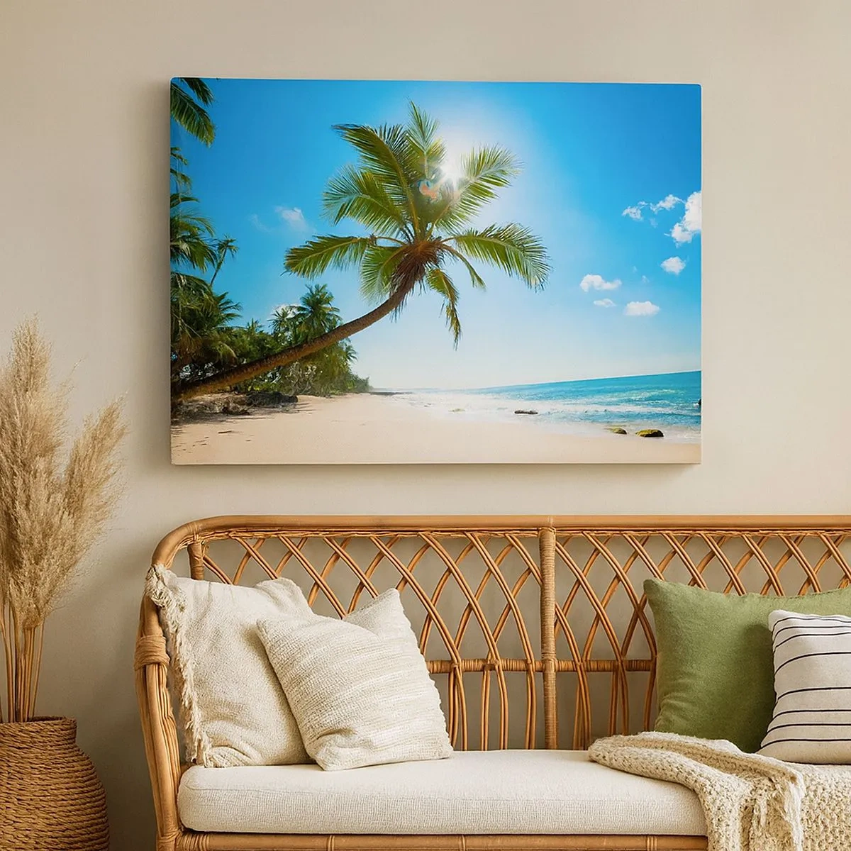 Bild auf Leinwand - Leinwandbild - Ein Strand mit Palmen in einer tropischen Landschaft - 70x50cm - Niemandem zeigen - Moderne Wanddekoration für Wohnzimmer und Schlafzimmer ARTTOR