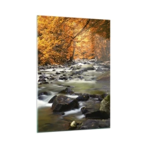 Glasbild - Bild auf glas - Herbstwald mit Bach und Steinen - 50x70cm - Ein Bach in einem goldenen Wald - Moderne Wanddekoration für Wohnzimmer und Schlafzimmer ARTTOR