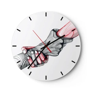 Wanduhr - Glasuhr - Künstlerische Hände beim Händedruck, schwarz-rotes Konturdesign - 30x30cm - Sie sind in guten Händen - Moderne Wanddekoration für Wohnzimmer, Küche und Schlafzimmer ARTTOR