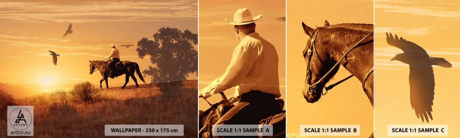 Fototapeten Muster Selbstklebend Deluxe Sticker - Allein durch die Prärie - Pferd, Cowboy, Landschaft - 100x30 cm