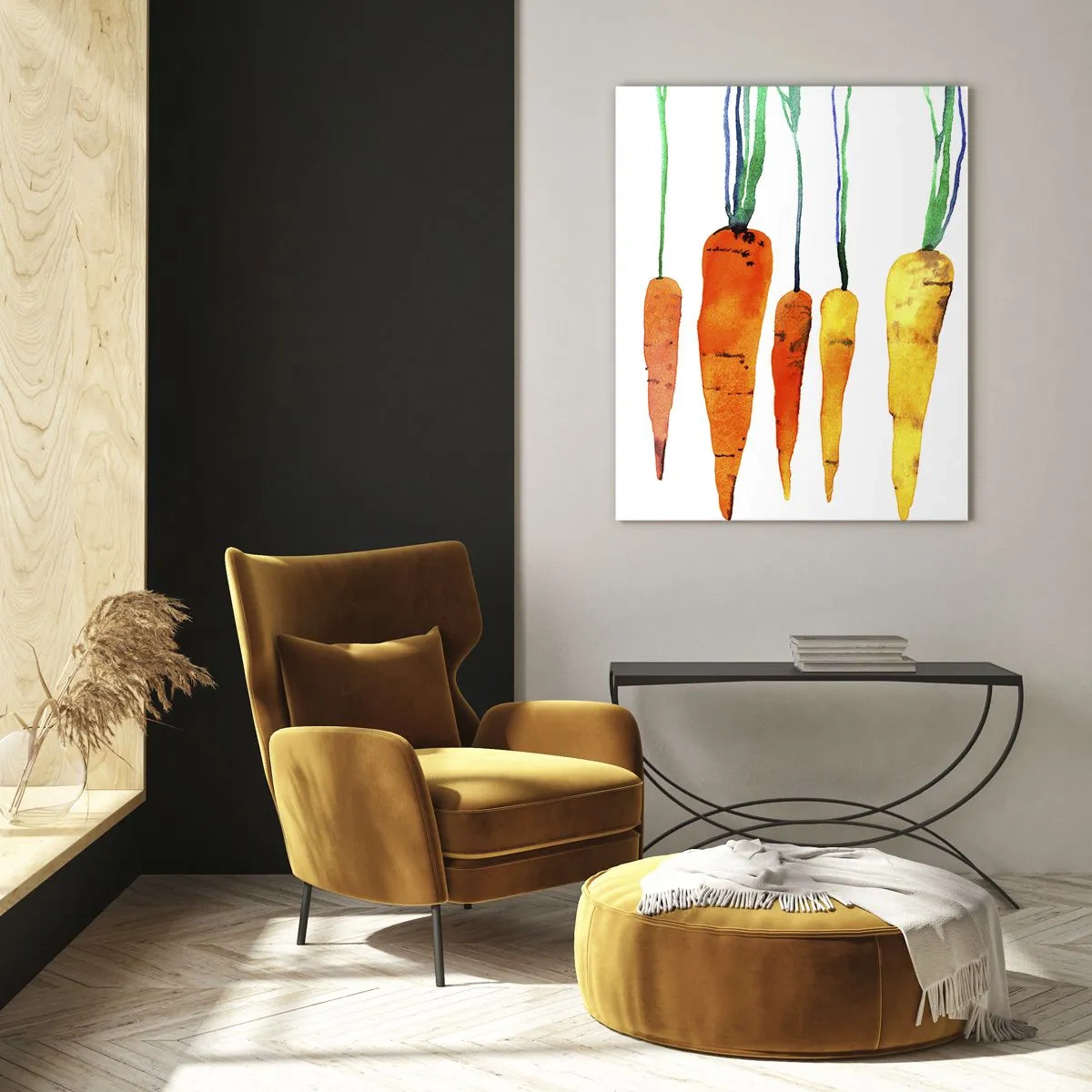 Glasbild - Bild auf glas - Aquarell-Karotten in verschiedenen Orangetönen mit grünen Stielen - 50x70cm - Die Schönheit des Gewöhnlichen - Moderne Wanddekoration für Wohnzimmer und Schlafzimmer ARTTOR