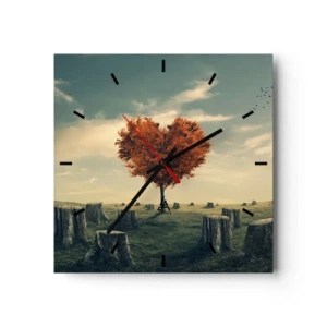 Wanduhr - Glasuhr - Ein herzförmiger Baum in einem Feld aus Baumstümpfen, ein Symbol der Hoffnung - 30x30cm - Es gibt noch Hoffnung - Moderne Wanddekoration für Wohnzimmer und Schlafzimmer ARTTOR