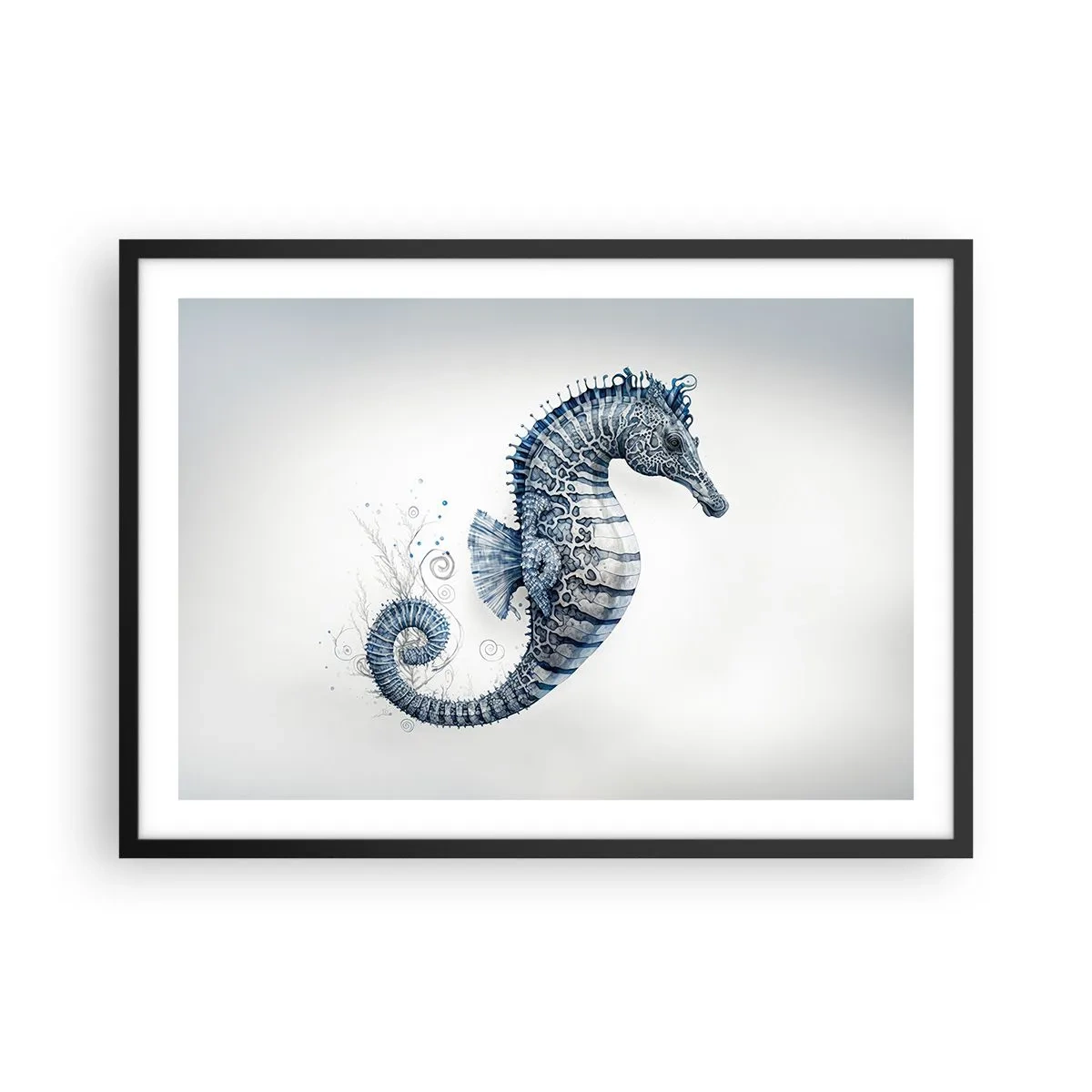 Poster in einem schwarzem Rahmen - Seepferdchen in Blautönen mit Aquarelldetails - 70x50cm - Subtiler Witz der Natur - Moderne Wanddekoration für Wohnzimmer und Schlafzimmer ARTTOR