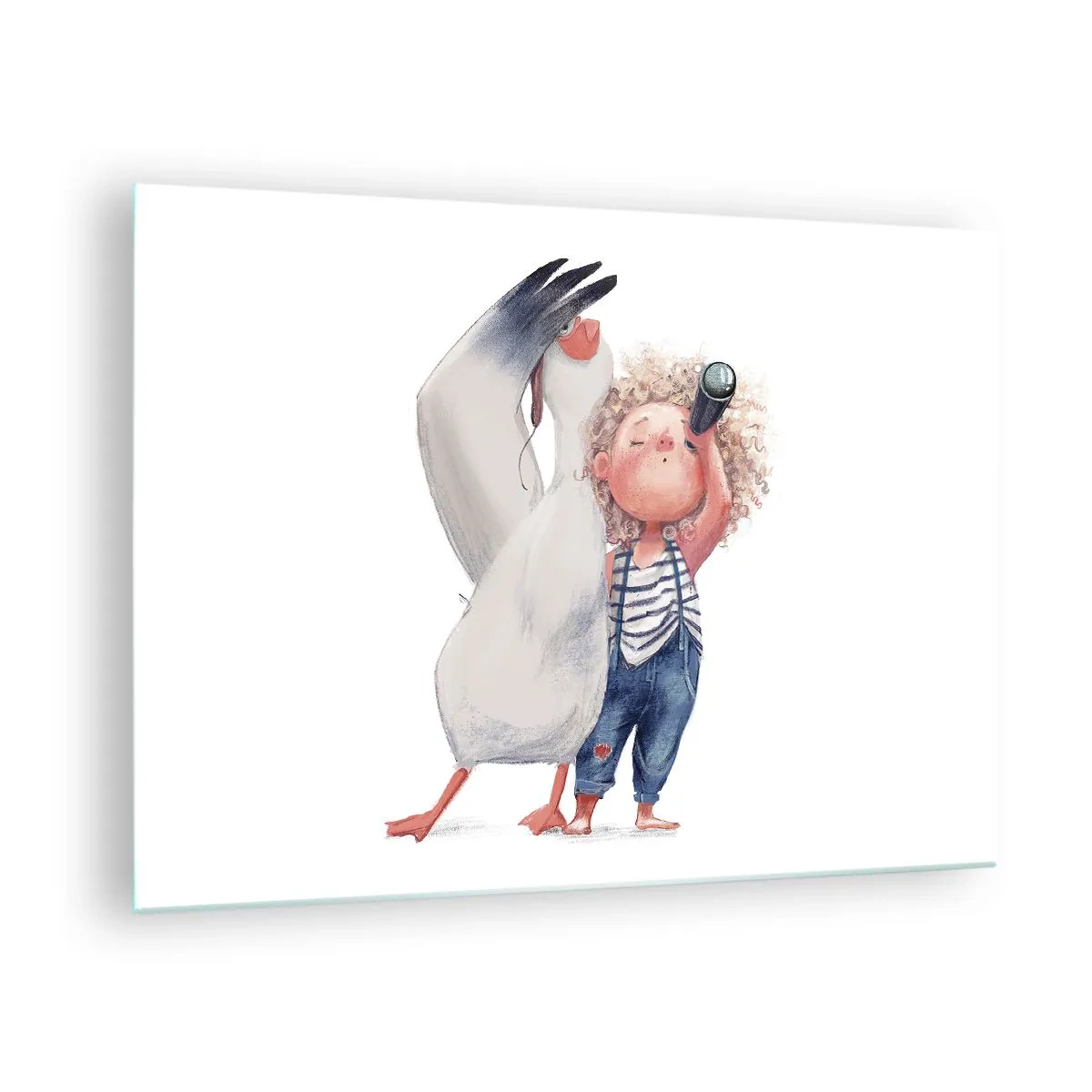 Glasbild - Bild auf glas - Baby mit Fernglas und Storch im lustigen Illustrationsstil - 70x50cm - Toller Reiseplan - Moderne Wanddekoration für Wohnzimmer und Schlafzimmer ARTTOR
