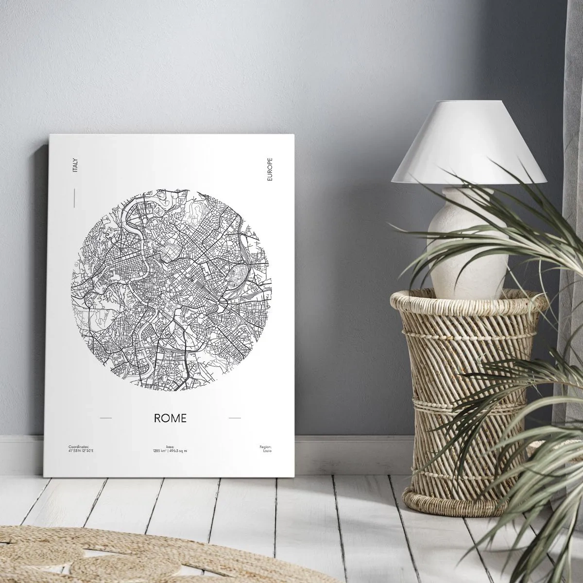 Bild auf Leinwand - Leinwandbild - Eine Karte von Rom im minimalistischen Schwarz-Weiß-Stil - 50x70cm - Anatomie von Rom - Moderne Wanddekoration für Wohnzimmer und Schlafzimmer ARTTOR