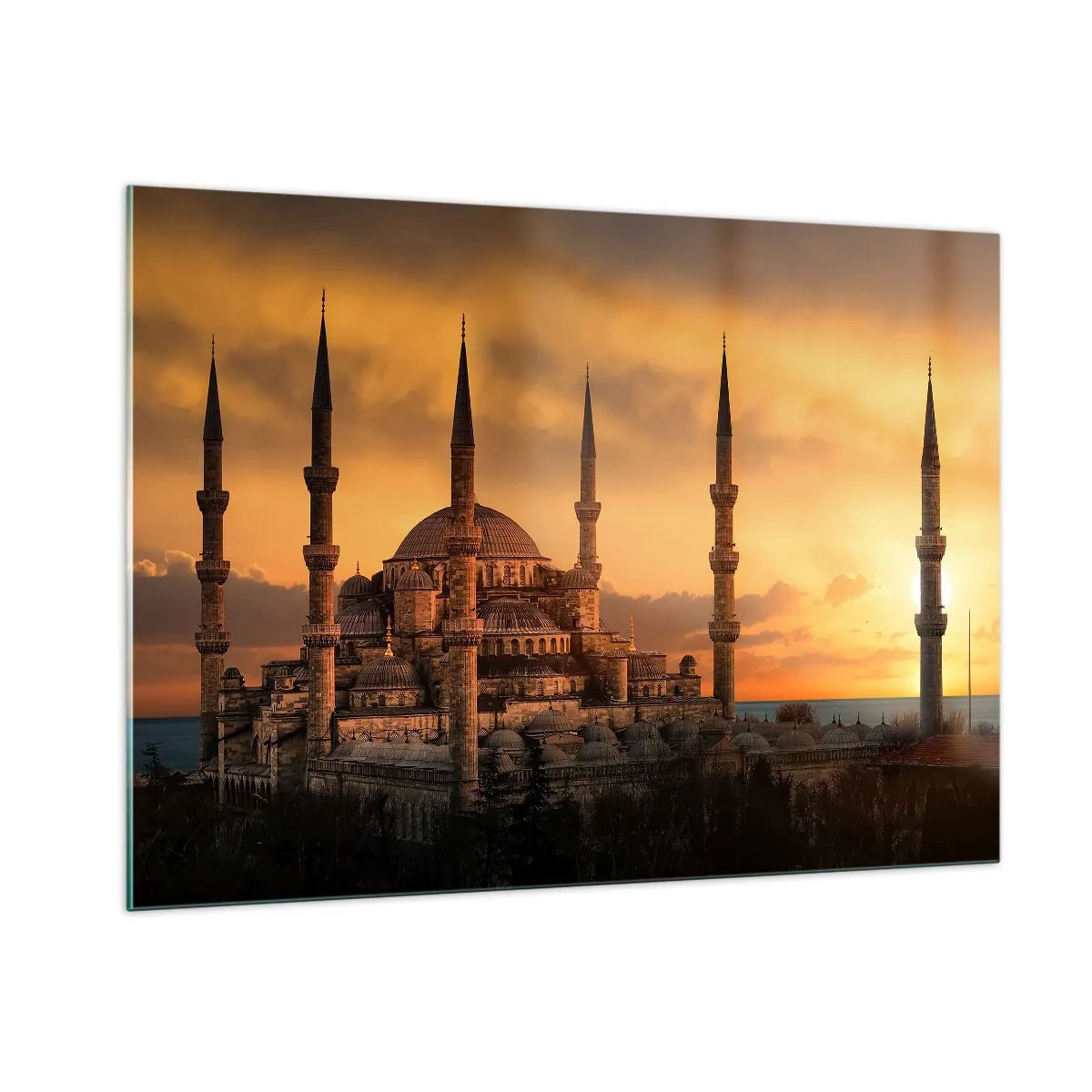 Glasbild - Bild auf glas - Die Blaue Moschee vor der Kulisse des Sonnenuntergangs - 100x70cm - Gott ist großartig - Moderne Wanddekoration für Wohnzimmer und Schlafzimmer ARTTOR