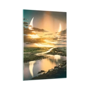 Glasbild - Bild auf glas - Eine fantastische Landschaft mit zwei Monden am Horizont - 80x120cm - Irgendwo in einer weit, weit entfernten Galaxie - Moderne Wanddekoration für Wohnzimmer und Schlafzimmer ARTTOR