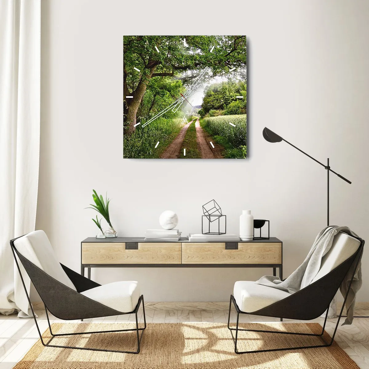 Wanduhr - Glasuhr - Eine unbefestigte Straße zwischen grünen Bäumen und Sonnenlicht - 30x30cm - Et in Arcadia ego - Moderne Wanddekoration für Wohnzimmer und Schlafzimmer ARTTOR