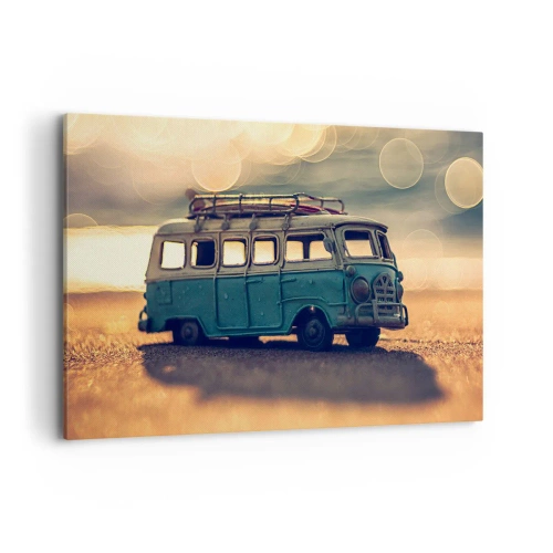 Bild auf Leinwand - Leinwandbild - Retro-Bus gegen verschwommenes Licht - 120x80cm - Das Ende der Idole: Geld und Arbeit - Moderne Wanddekoration für Wohnzimmer und Schlafzimmer ARTTOR