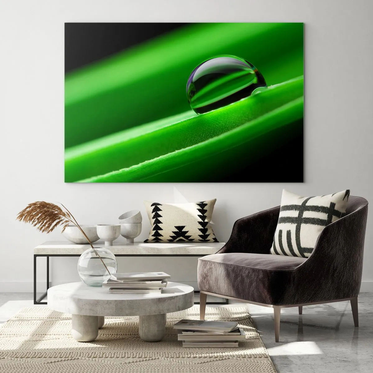 Glasbild - Bild auf glas - Ein Tropfen Tau auf einem grünen Blatt - 100x70cm - Leben hautnah - Moderne Wanddekoration für Wohnzimmer und Schlafzimmer ARTTOR